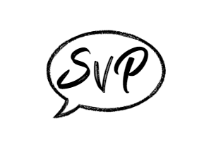 speech bubble with the letters SVP inside